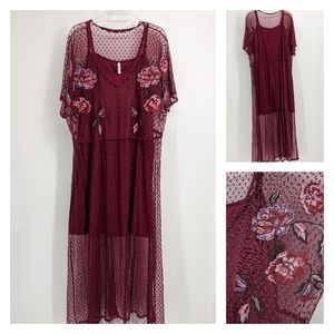 Full Length Burgundy Lace Dress Embroidered flower
